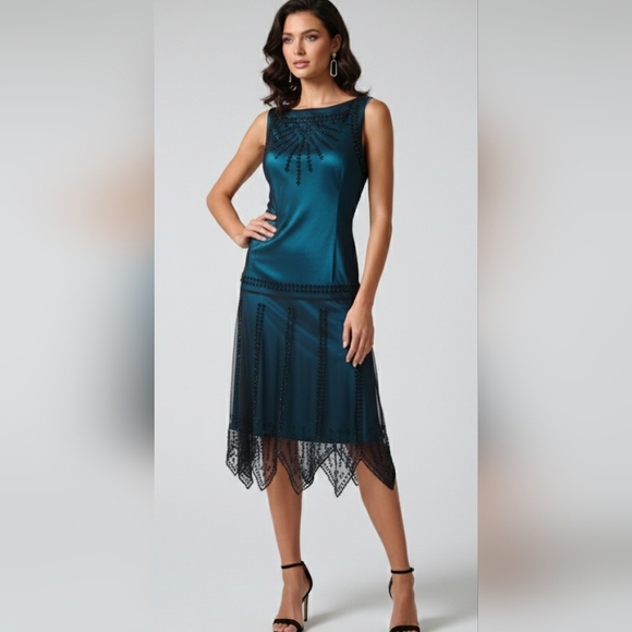 SL Fashions Dresses & Skirts - S. L. Fashions Dress; Size 12; Elegant Black and Teal Beaded Dress